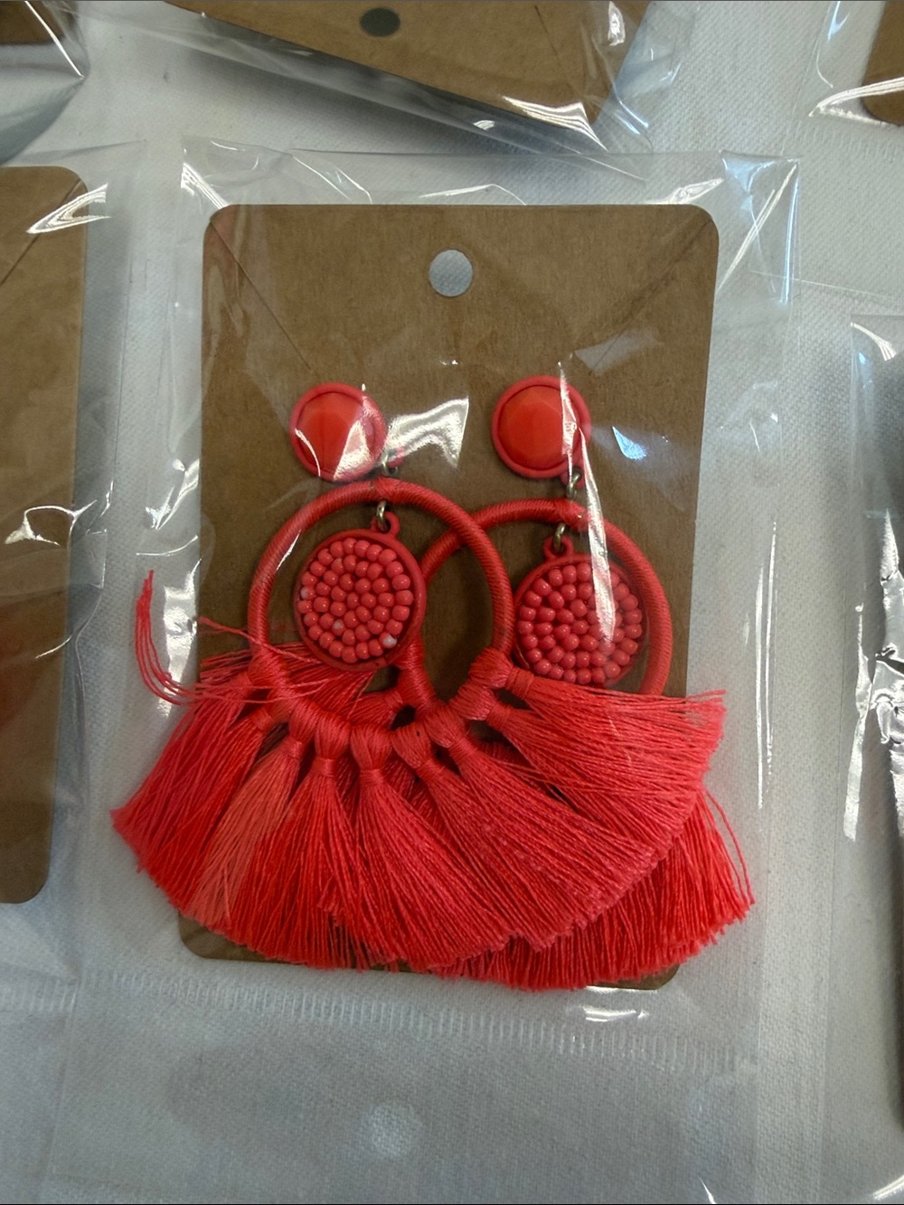 J. Crew Factory Coral Red Tassel Hoop Earrings
